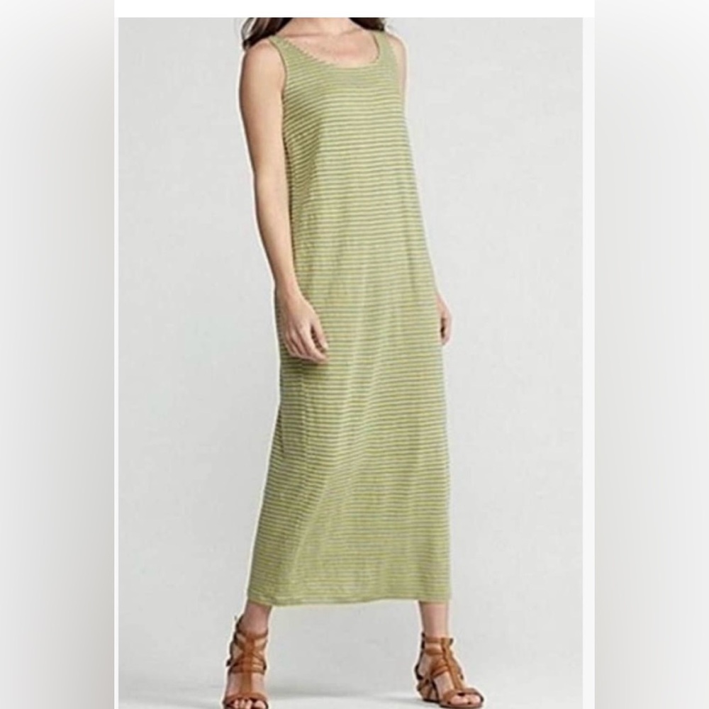 Eileen Fisher Dragonfly 100% Linen Maxi Dress Yellow Gray Stripe Size XS